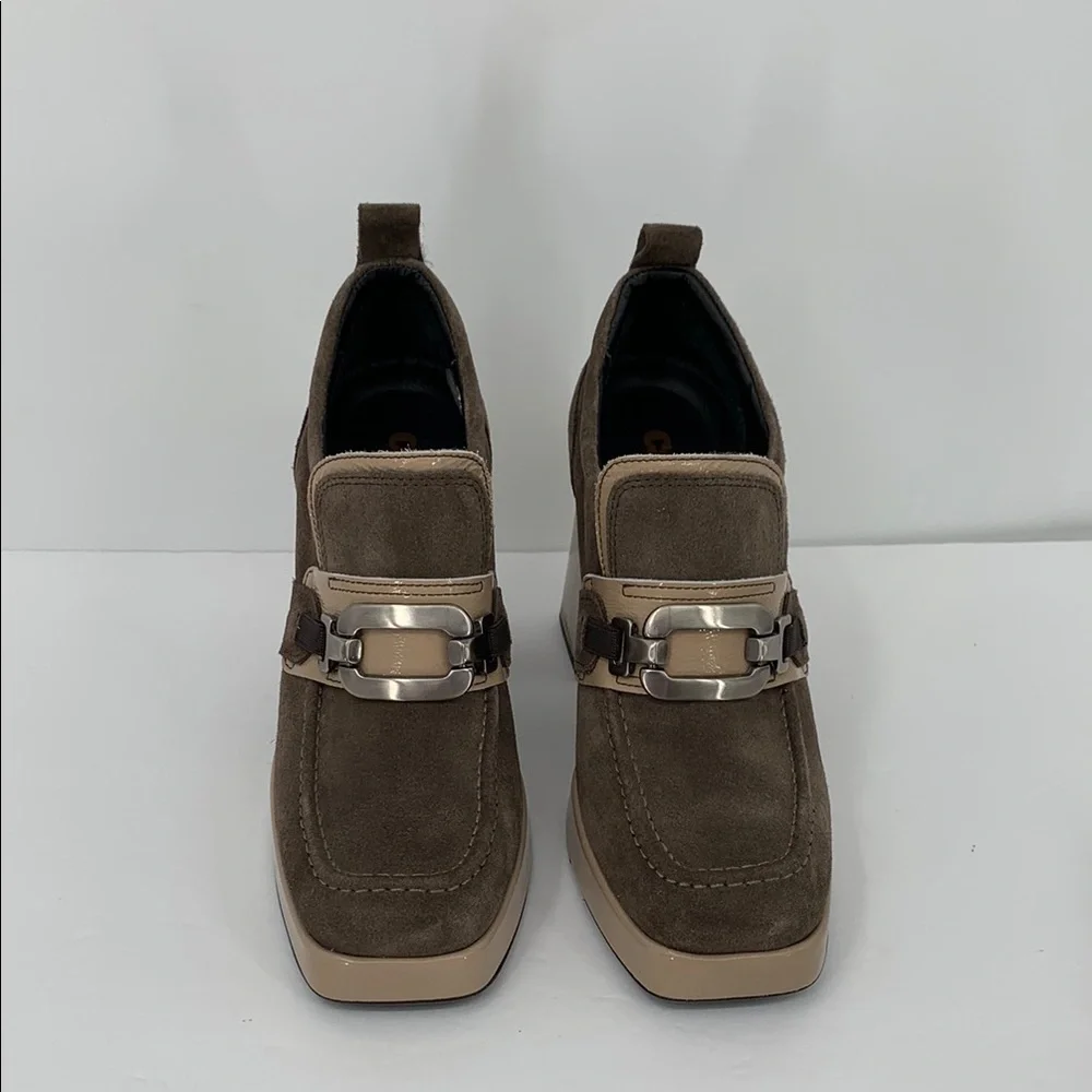 Casta Josh chunky platform loafers brown suede tan patent shoe pewter oval 40 9